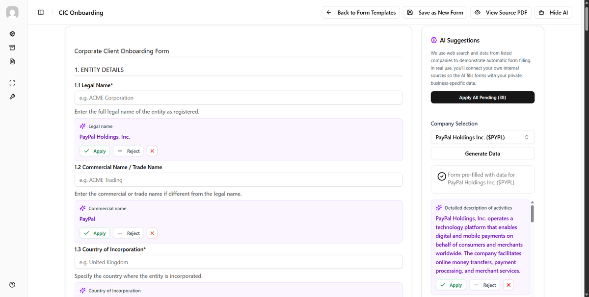 Automatic Form Filling - AI suggestions panel with form fields