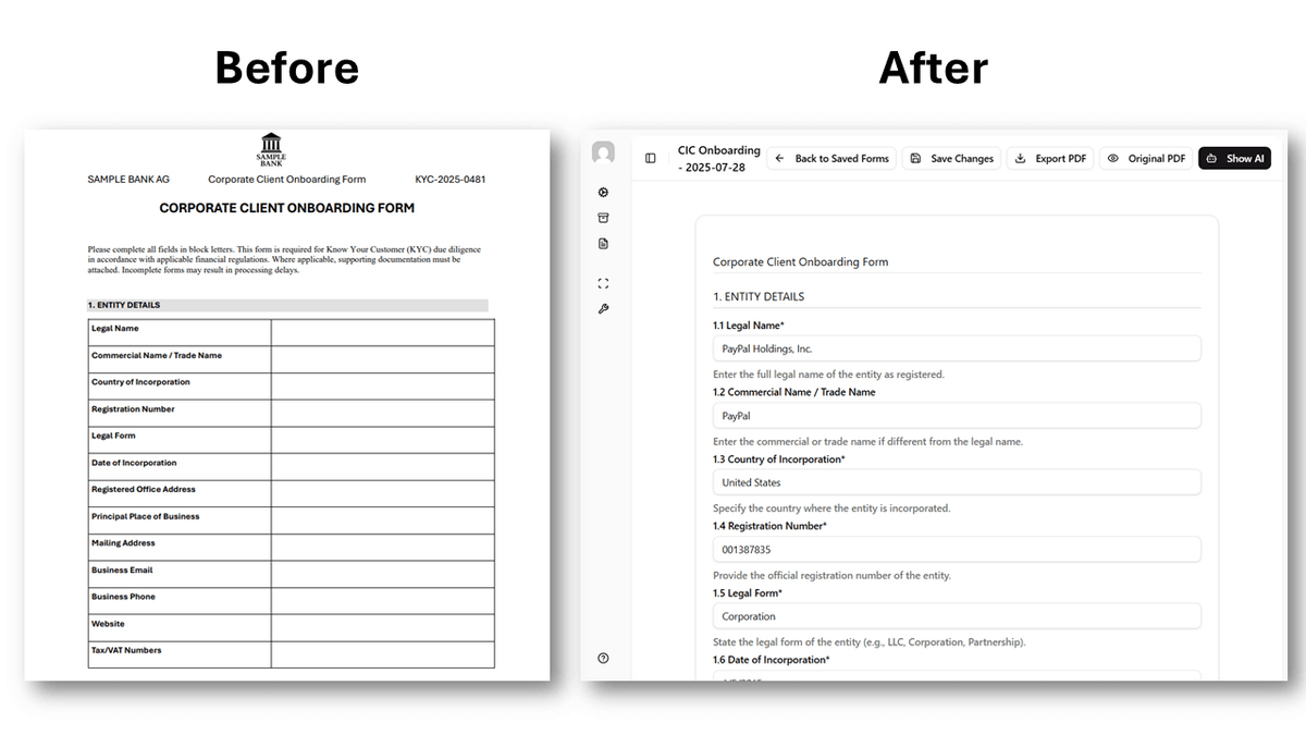 Entity Incorporation Form Example - Before and after comparison showing paper form conversion to digital interface