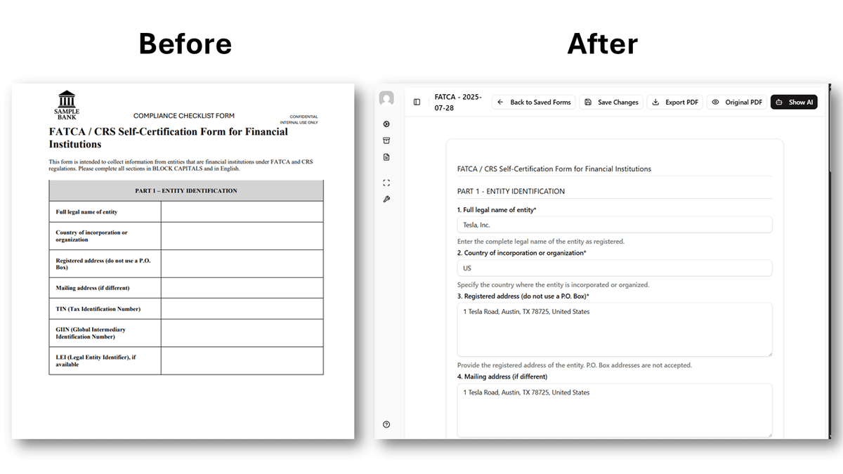 Regulatory Compliance Form Example - Before and after comparison showing FATCA/CRS form conversion to digital interface