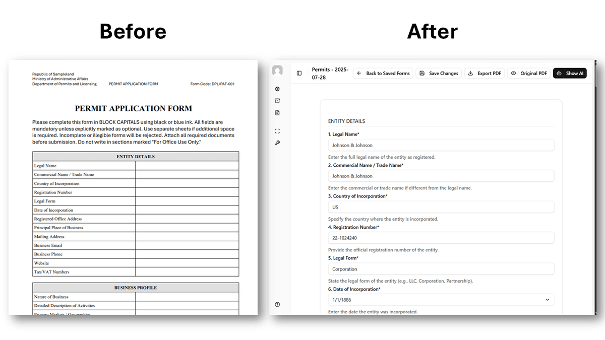 Construction Permit Application Example - Before and after comparison showing permit form conversion to digital interface